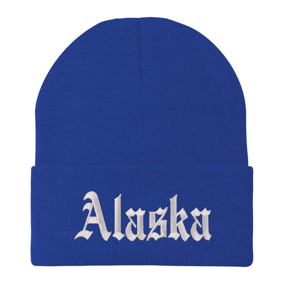 Trendy Apparel Shop Alaska State Old English Embroidered Long Cuff Beanie