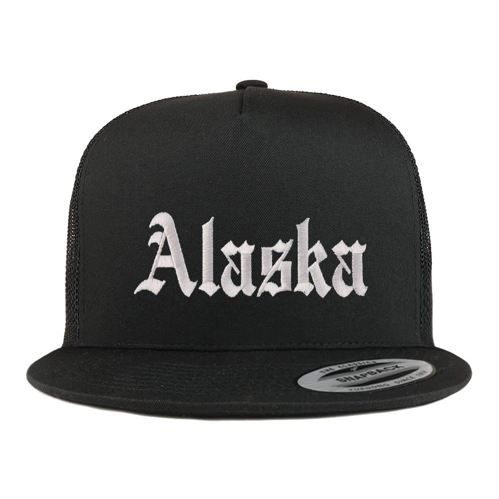 Trendy Apparel Shop Alaska State Old English 5 Panel Flatbill Trucker Mesh Cap