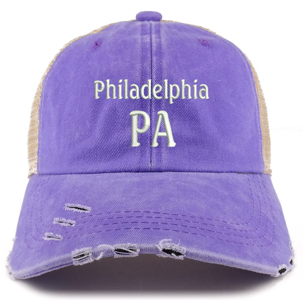 Trendy Apparel Shop Philadelphia PA Embroidered Frayed Bill Trucker Mesh Back Cap