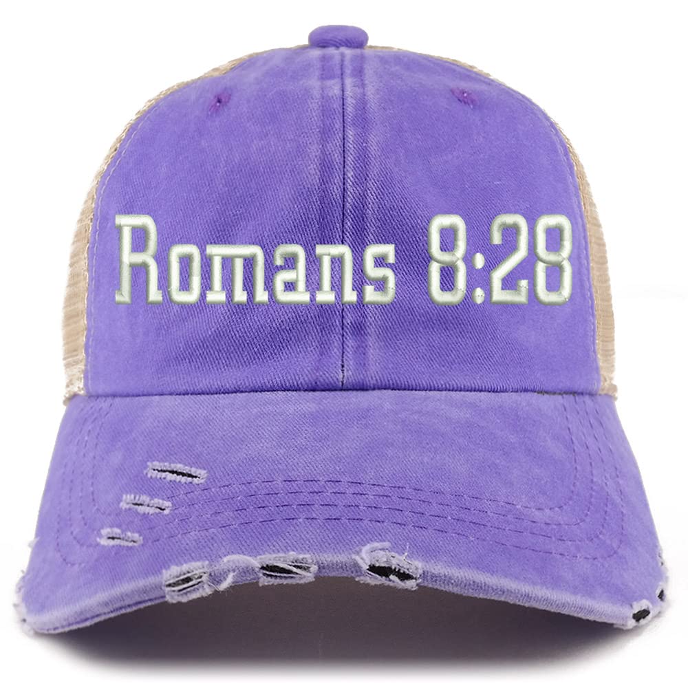 Trendy Apparel Shop Romans 8:28 Frayed Bill Trucker Mesh Back Cap