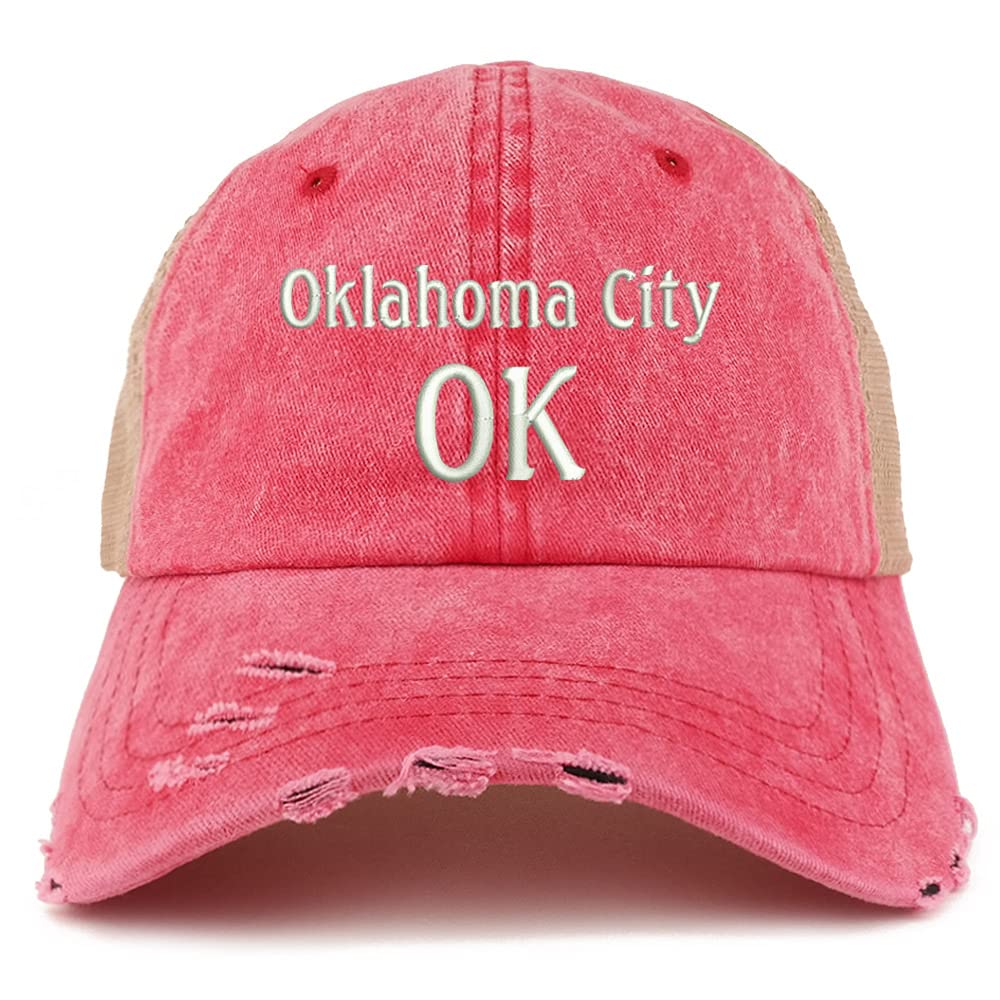 Trendy Apparel Shop Oklahoma City OK Embroidered Frayed Bill Trucker Mesh Back Cap