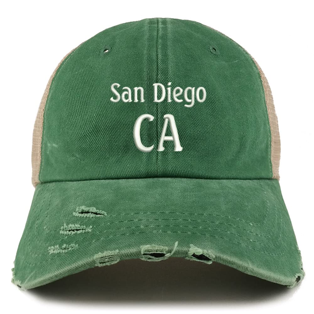 Trendy Apparel Shop San Diego CA Embroidered Frayed Bill Trucker Mesh Back Cap