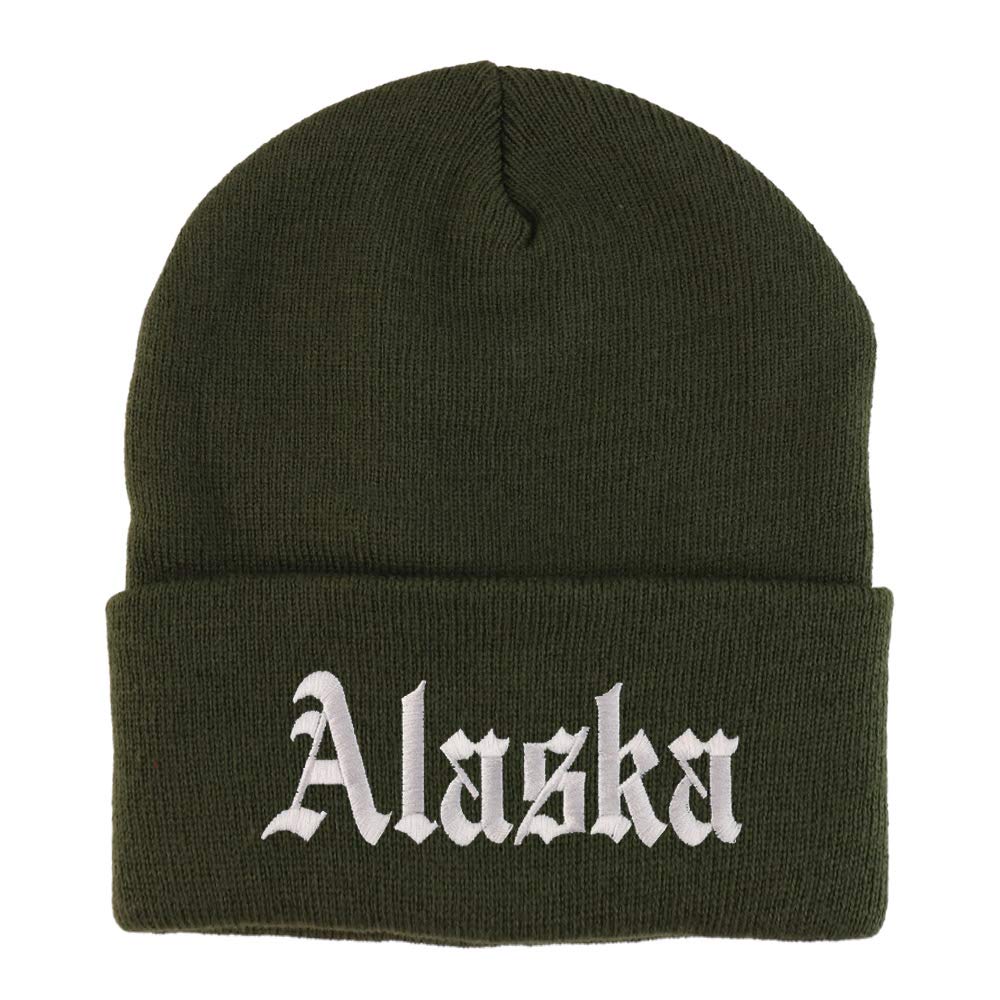 Trendy Apparel Shop Alaska State Old English Embroidered Long Cuff Beanie