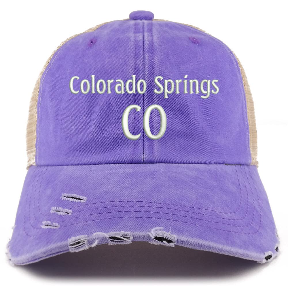 Trendy Apparel Shop Colorado Springs CO Embroidered Frayed Bill Trucker Mesh Back Cap