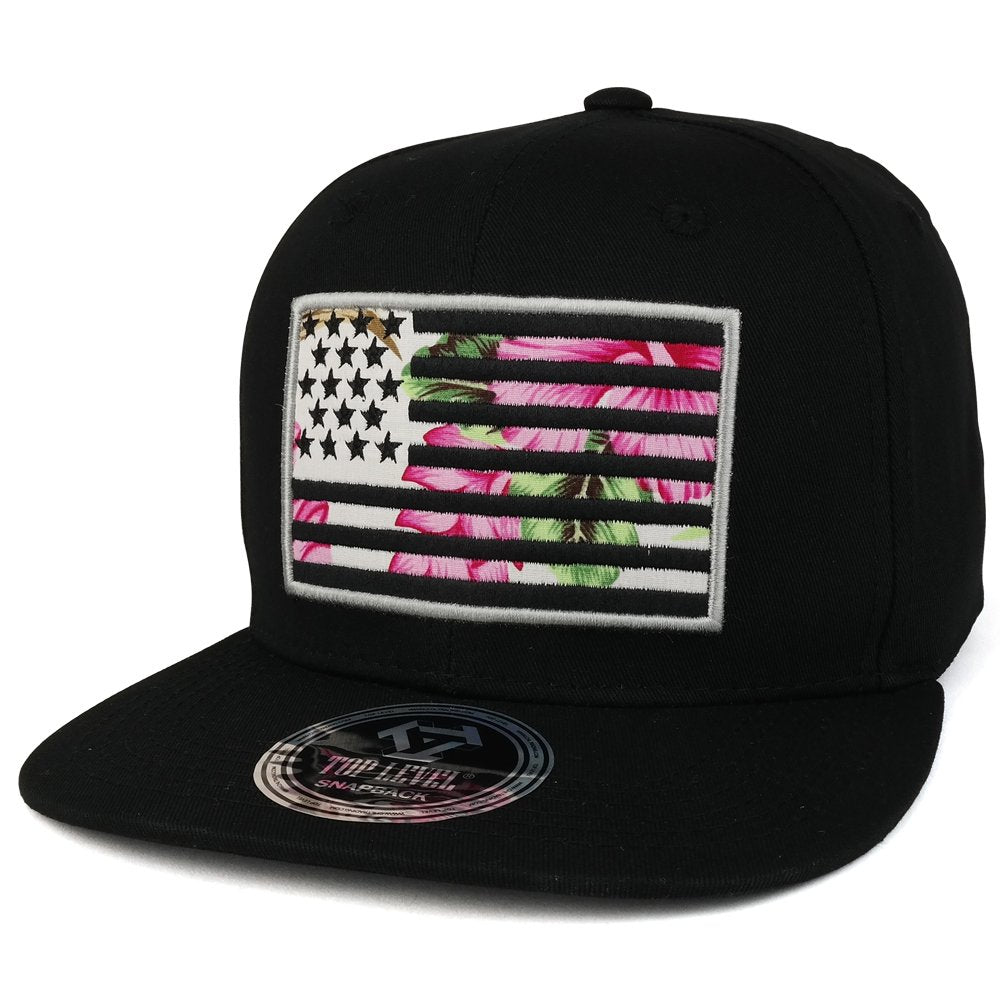 Trendy Apparel Shop USA Flag with Floral Pattern Print Embroidered Flat Bill Snapback Cap