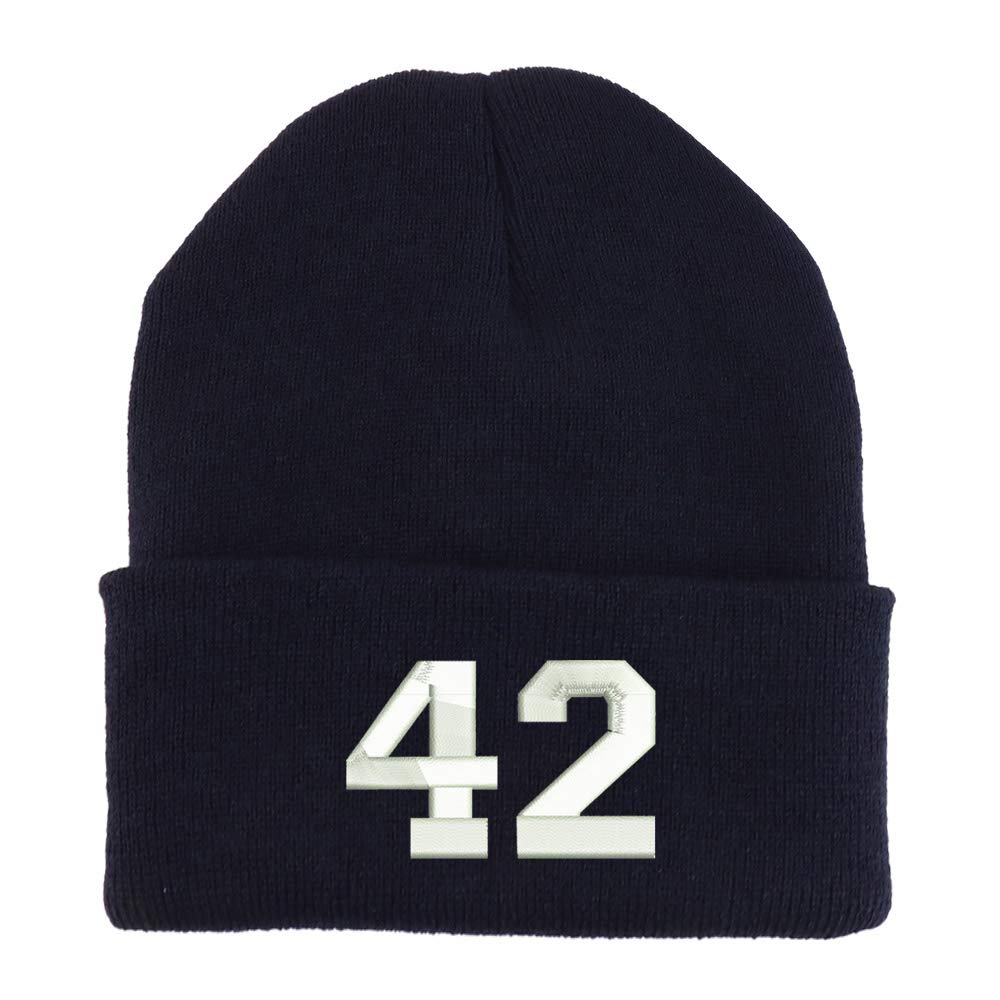 Trendy Apparel Shop Number 42 Collegiate Varsity Embroidered Made in USA Cuff Folded Acylic Knit Winter Beanie Hat