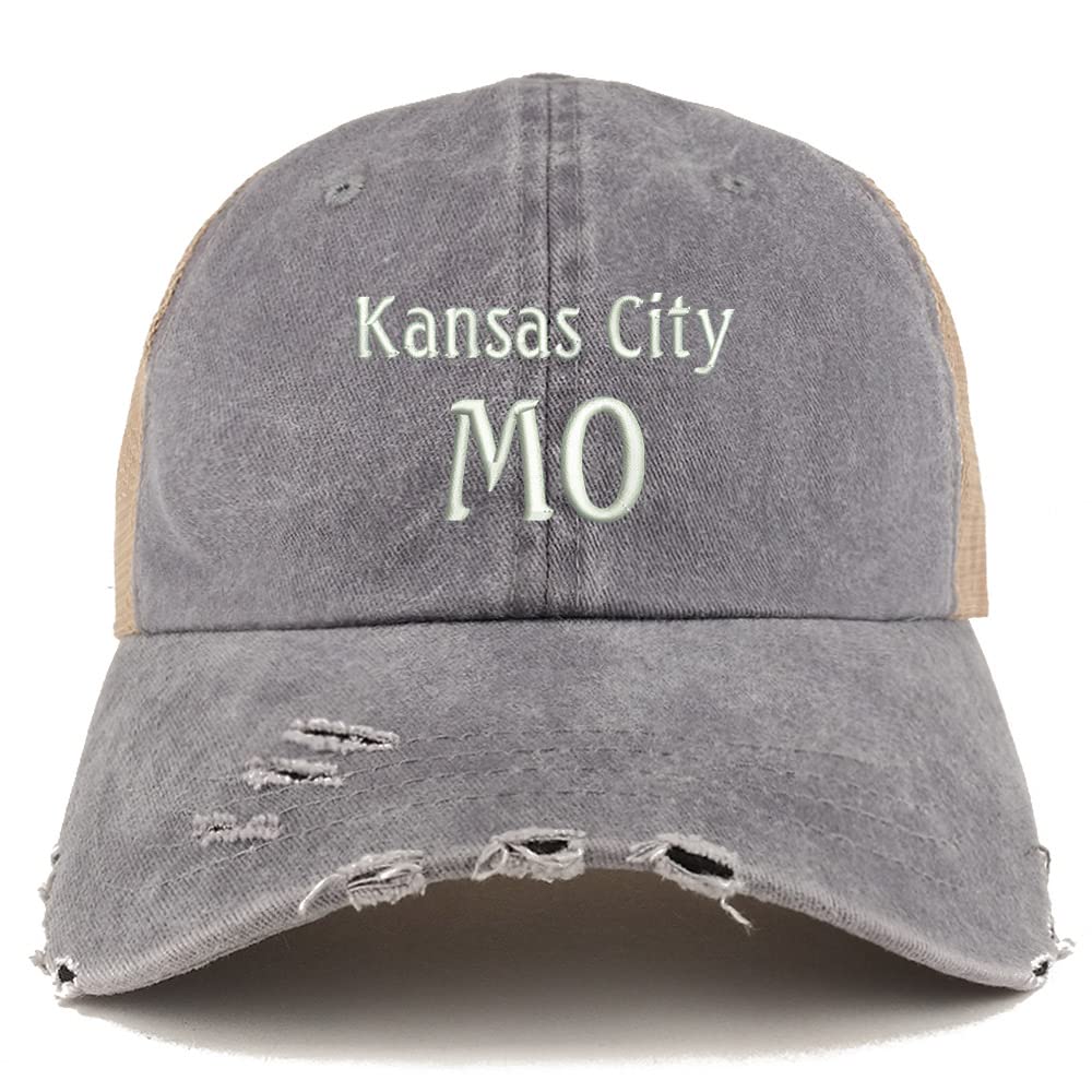 Trendy Apparel Shop Kansas City MO Embroidered Frayed Bill Trucker Mesh Back Cap