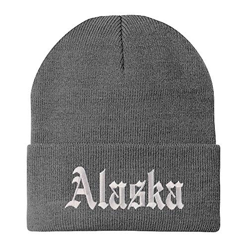 Trendy Apparel Shop Alaska State Old English Embroidered Long Cuff Beanie