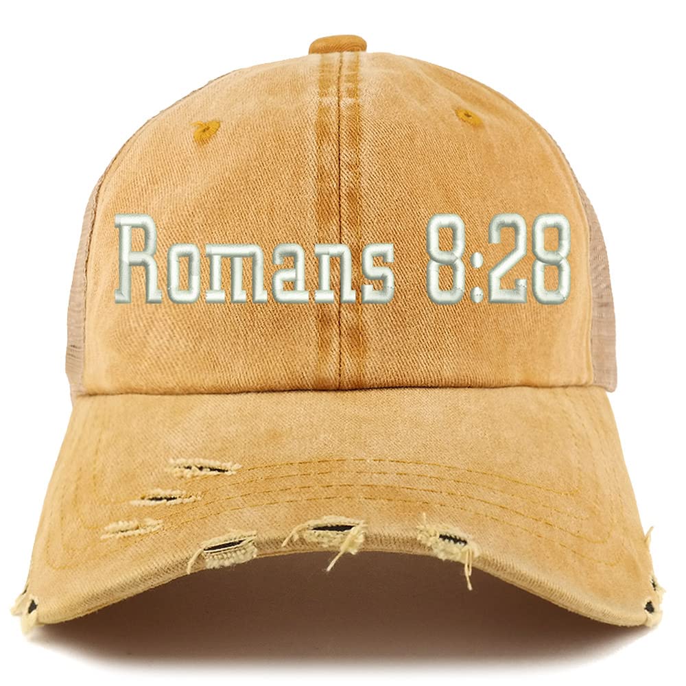 Trendy Apparel Shop Romans 8:28 Frayed Bill Trucker Mesh Back Cap