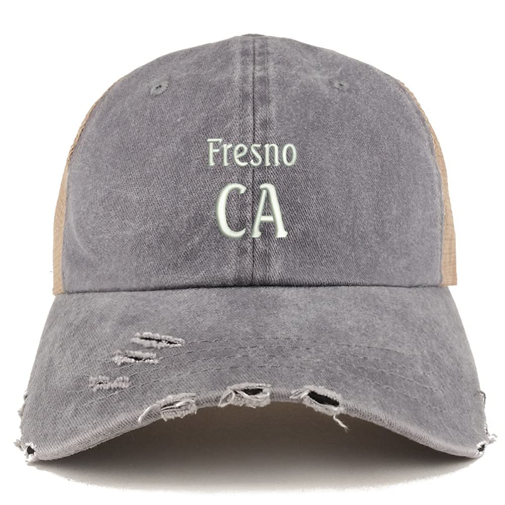 Trendy Apparel Shop Fresno CA Embroidered Frayed Bill Trucker Mesh Back Cap