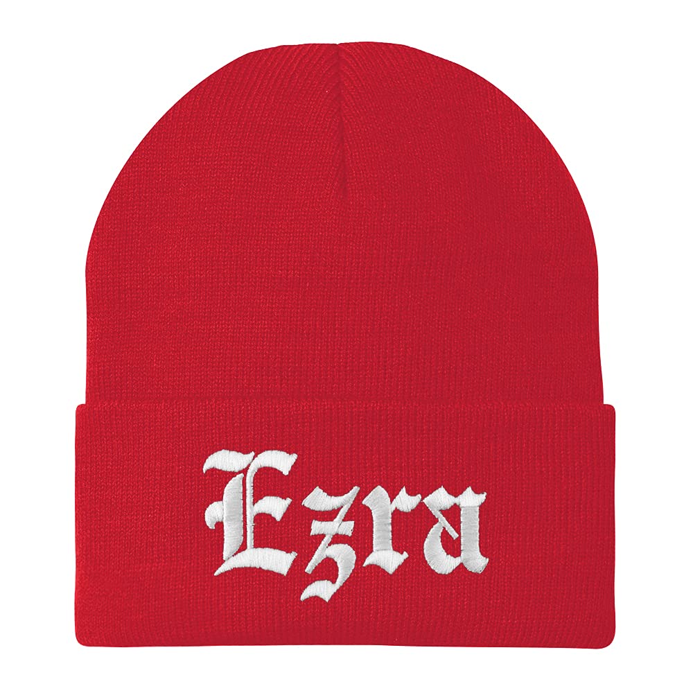 Trendy Apparel Shop Ezra Old English Embroidered Long Cuff Beanie