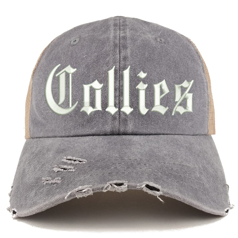 Trendy Apparel Shop Old English Collies Frayed Bill Trucker Mesh Back Cap