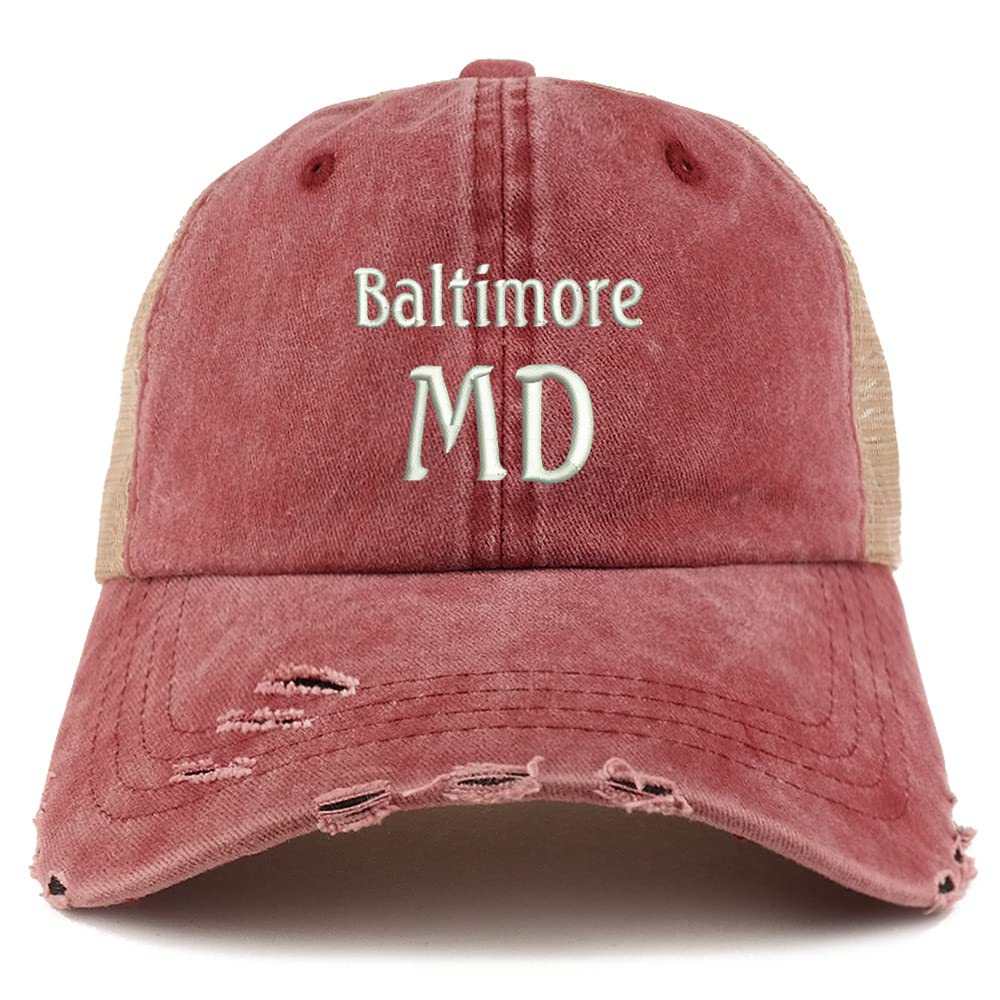 Trendy Apparel Shop Baltimore MD Embroidered Frayed Bill Trucker Mesh Back Cap