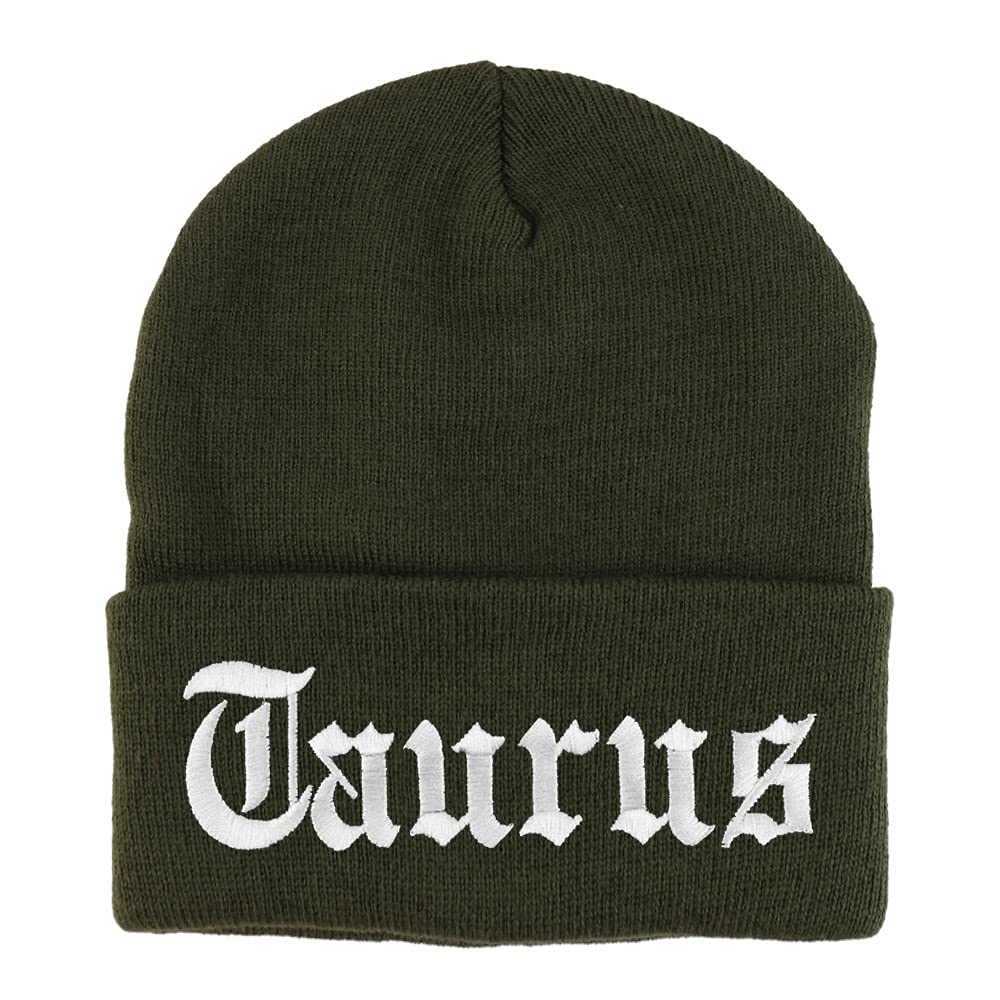 Trendy Apparel Shop Taurus Old English Embroidered Long Cuff Beanie