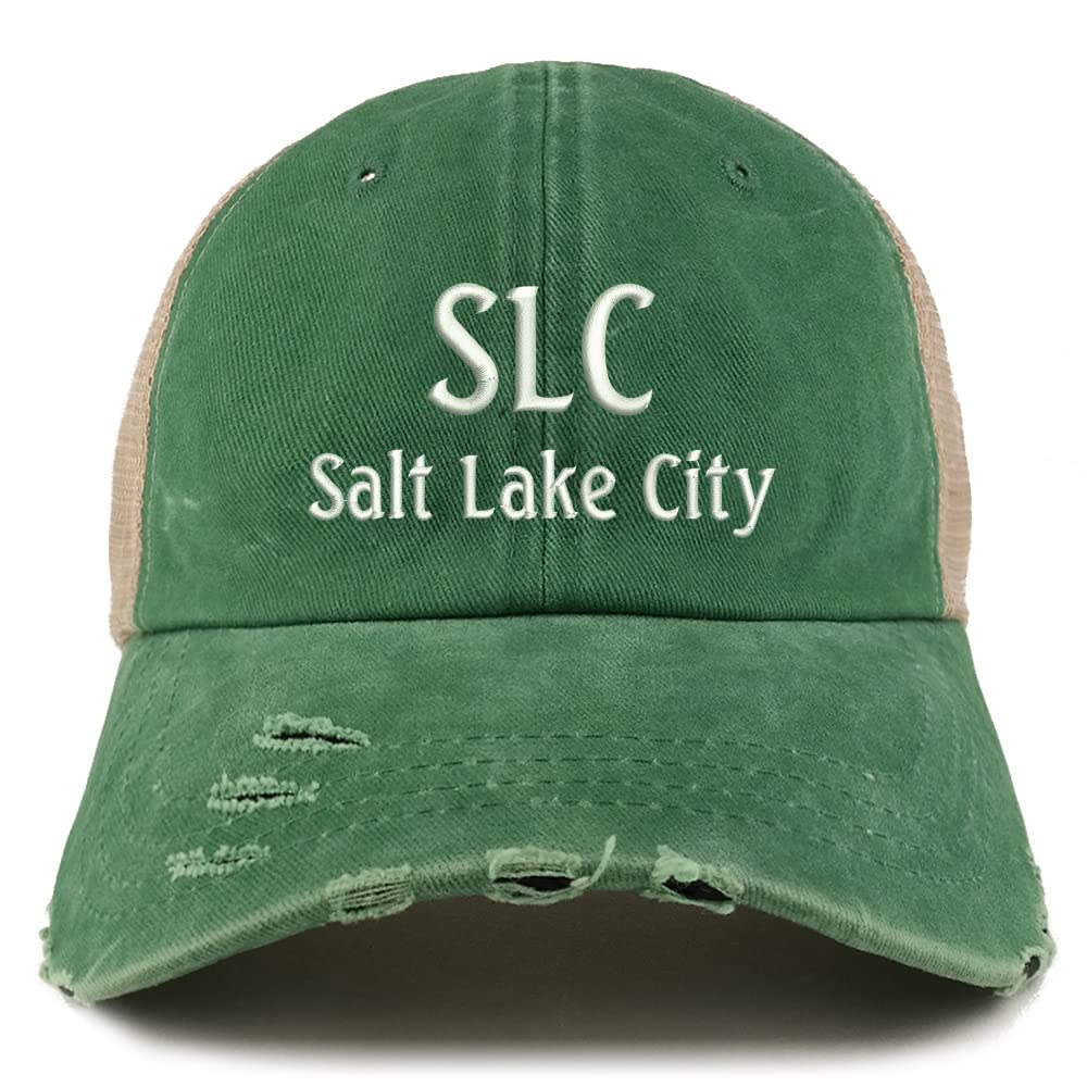 Trendy Apparel Shop SLC Salt Lake City Embroidered Frayed Bill Trucker Mesh Back Cap