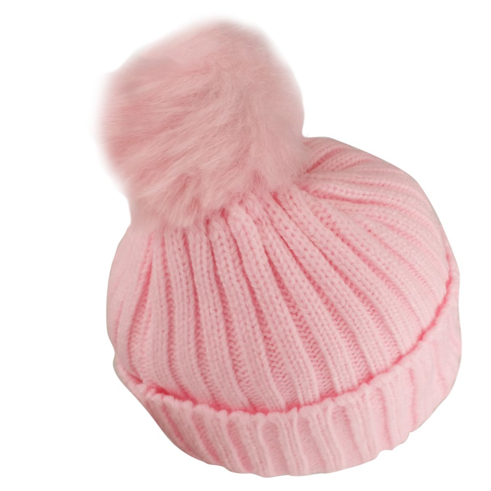 Trendy Apparel Shop Kid's Ribbed Knit Cuff Beanie with Fur Pom Pom