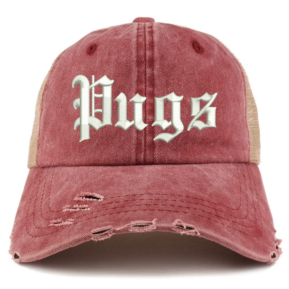 Trendy Apparel Shop Old English Pugs Frayed Bill Trucker Mesh Back Cap
