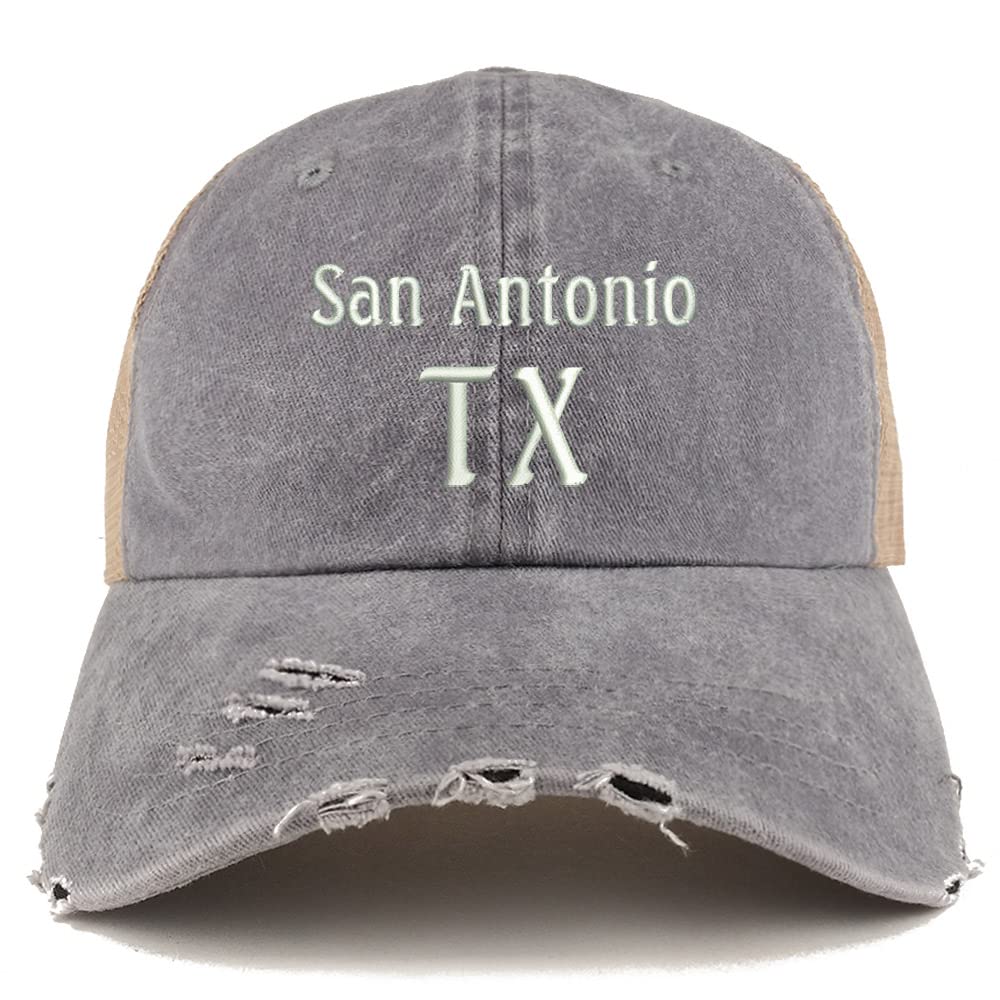 Trendy Apparel Shop San Antonio TX Embroidered Frayed Bill Trucker Mesh Back Cap