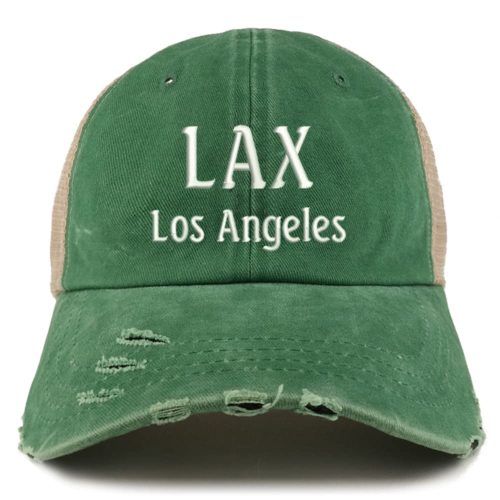 Trendy Apparel Shop LAX Los Angeles Embroidered Frayed Bill Trucker Mesh Back Cap