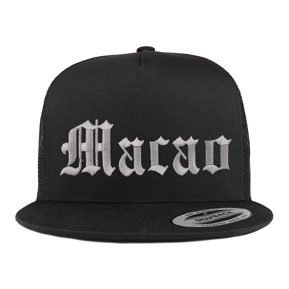 Trendy Apparel Shop Macao Old English 5 Panel Flatbill Trucker Cap
