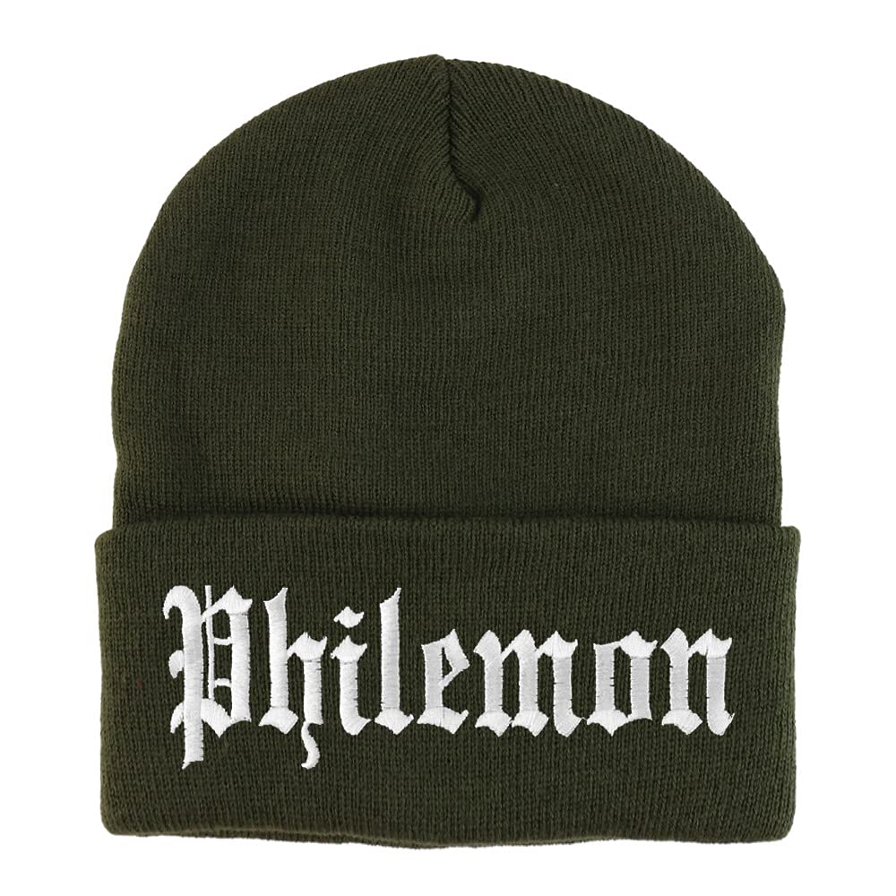 Trendy Apparel Shop Philemon Old English Embroidered Long Cuff Beanie
