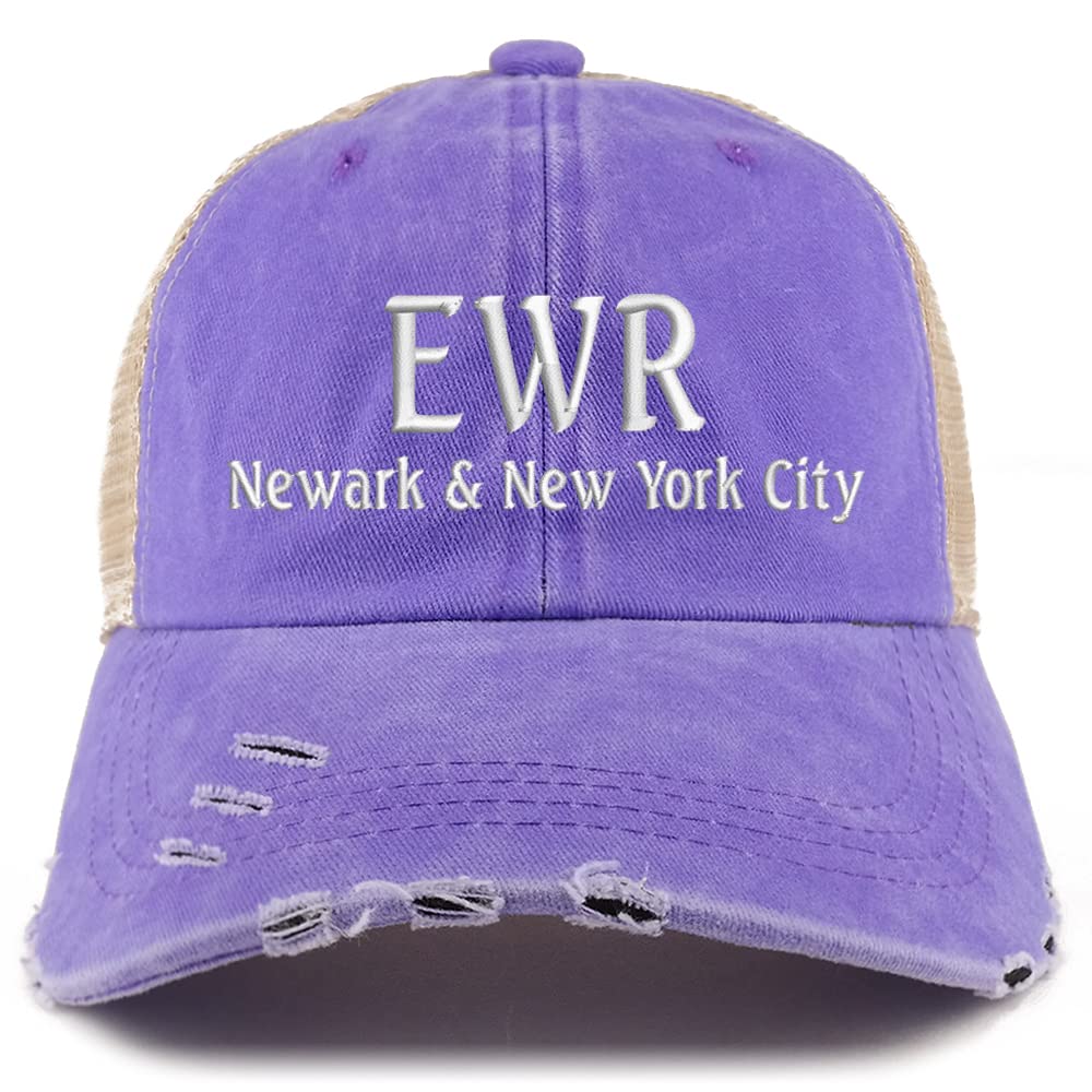 Trendy Apparel Shop EWR Newark and New York City Embroidered Frayed Bill Trucker Mesh Back Cap