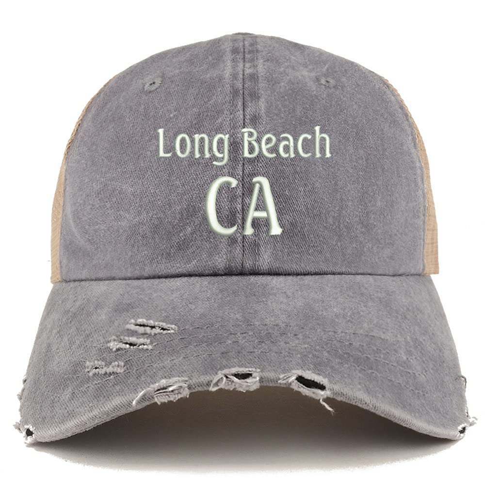 Trendy Apparel Shop Long Beach CA Embroidered Frayed Bill Trucker Mesh Back Cap