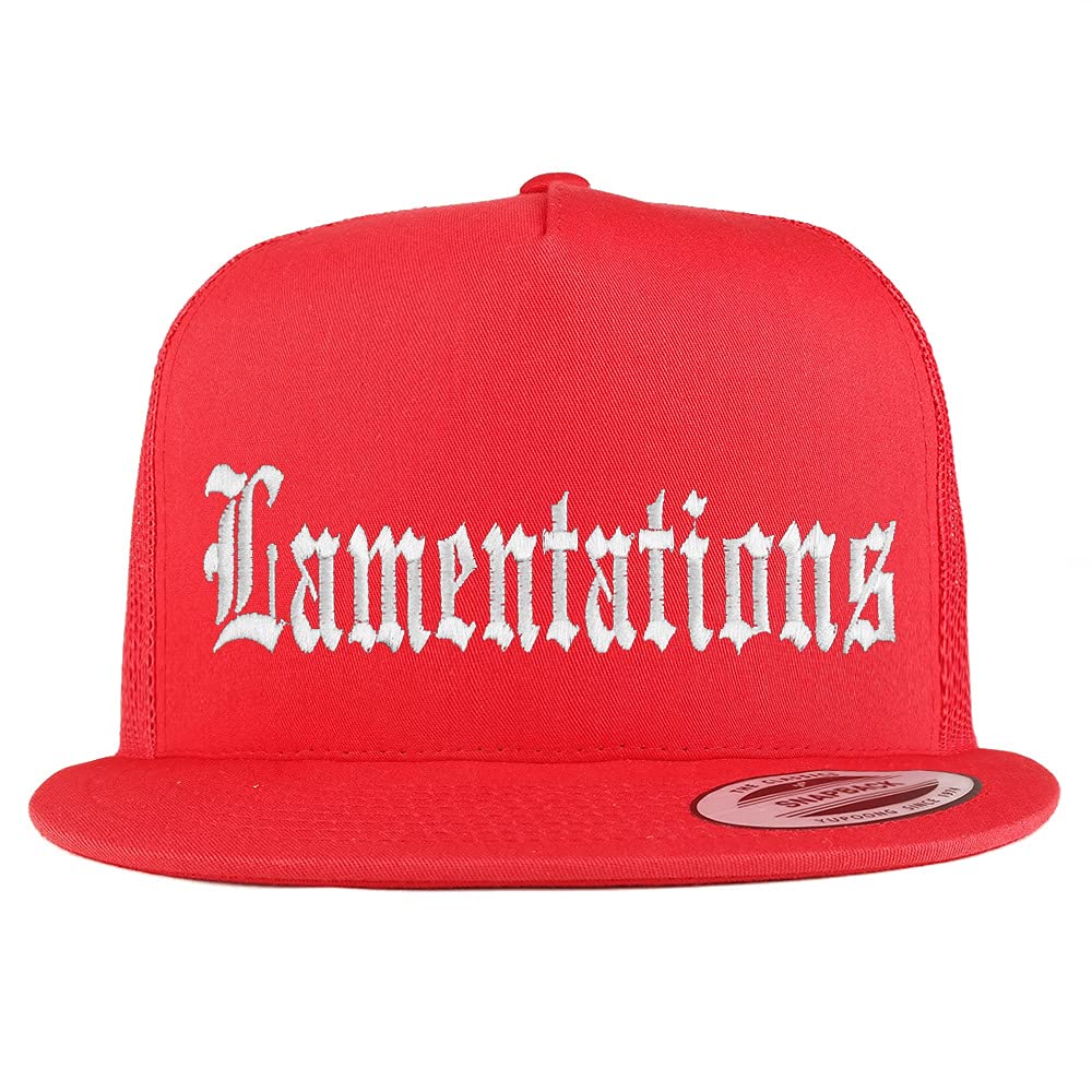 Trendy Apparel Shop Lamentations Old English 5 Panel Flatbill Trucker Cap