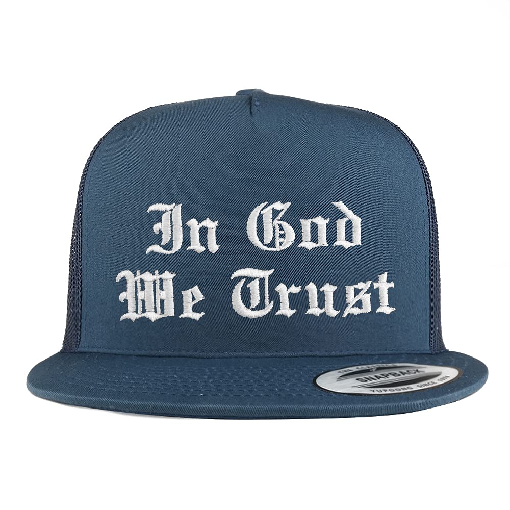 Trendy Apparel Shop in God We Trust Old English 5 Panel Flatbill Trucker Cap