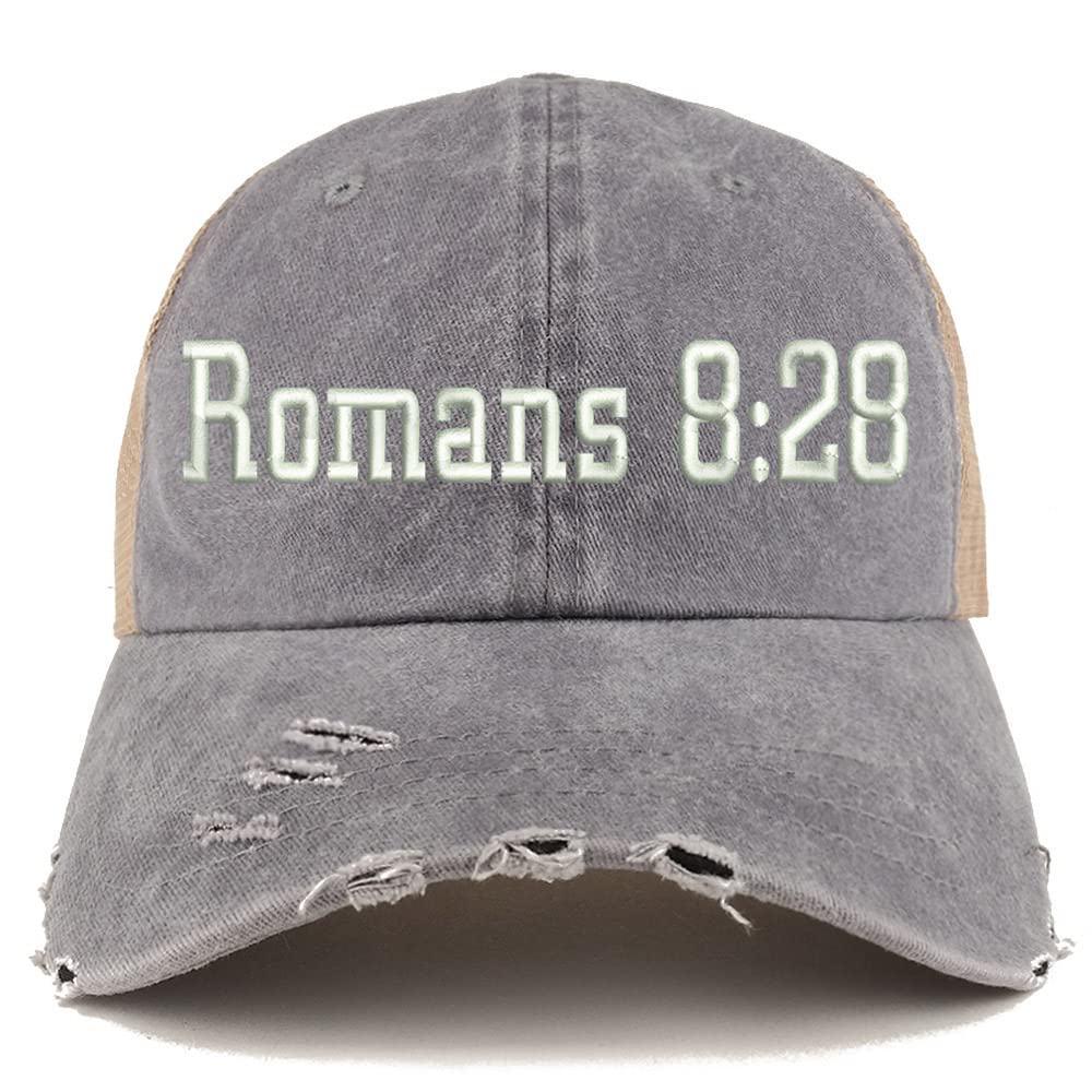 Trendy Apparel Shop Romans 8:28 Frayed Bill Trucker Mesh Back Cap
