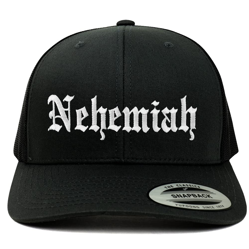 Trendy Apparel Shop Nehemiah Old English 6 Panel Trucker Mesh Cap