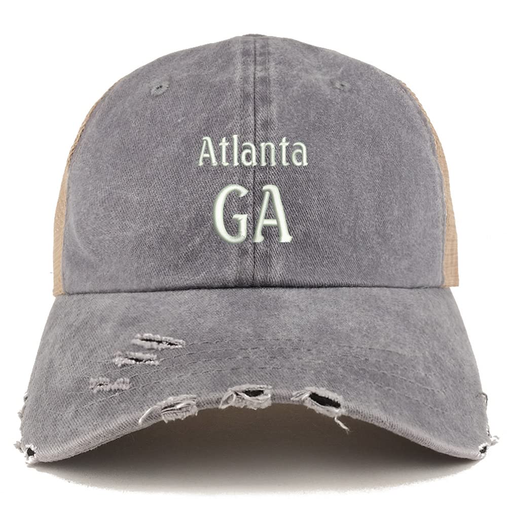 Trendy Apparel Shop Atlanta GA Embroidered Frayed Bill Trucker Mesh Back Cap