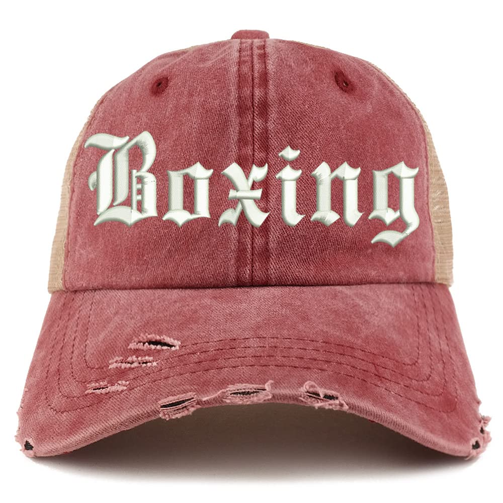 Trendy Apparel Shop Old English Boxing Frayed Bill Trucker Mesh Back Cap
