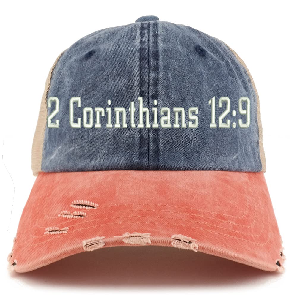 Trendy Apparel Shop 2 Corinthians 12:9 Frayed Bill Trucker Mesh Back Cap