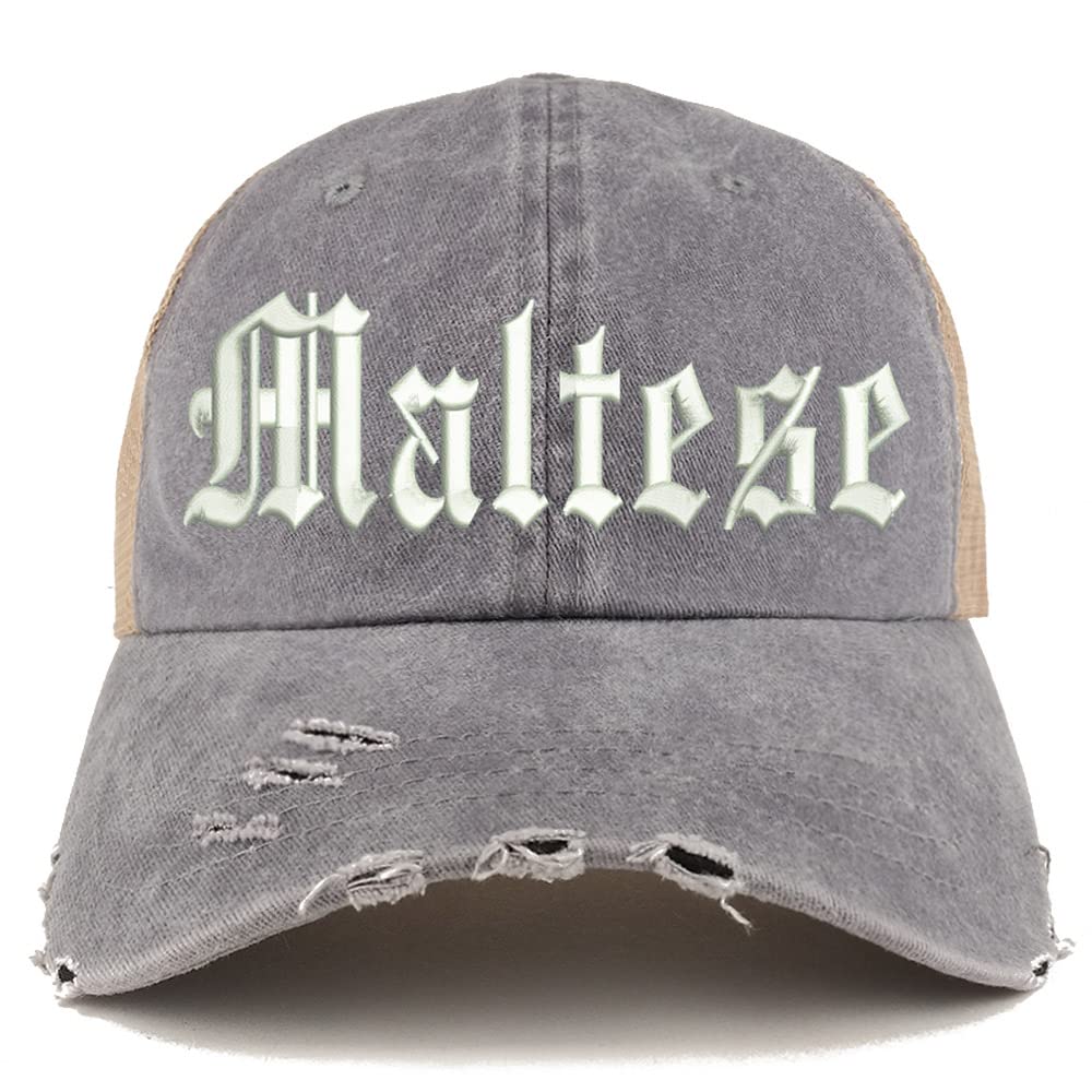 Trendy Apparel Shop Old English Maltese Frayed Bill Trucker Mesh Back Cap