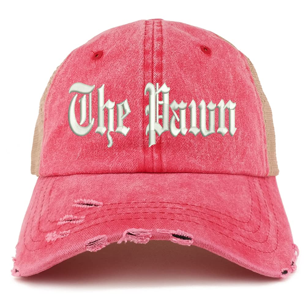 Trendy Apparel Shop The Pawn Old English Embroidered Frayed Bill Trucker Mesh Back Cap