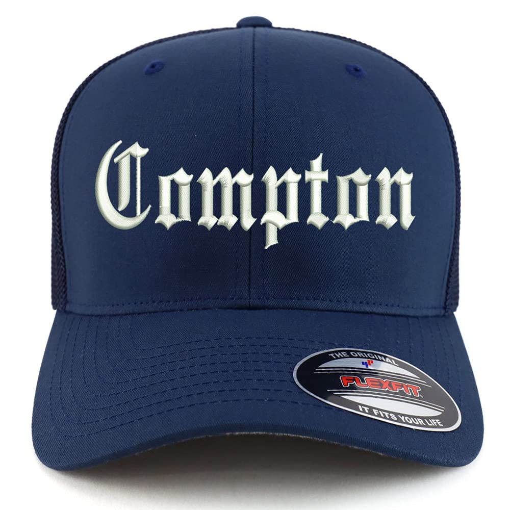 Trendy Apparel Shop Oversized XXL Compton City Old English Embroiderd Structured Fitted Trucker Mesh Cap