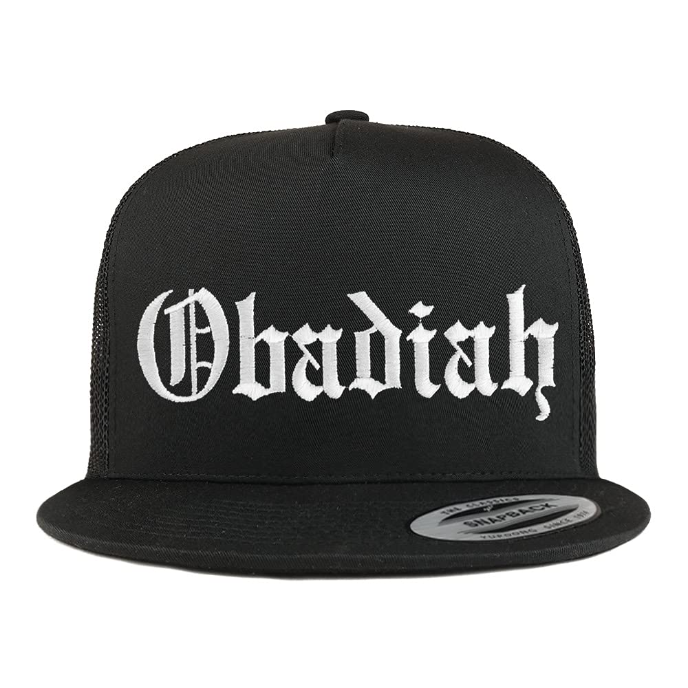 Trendy Apparel Shop Obadiah Old English 5 Panel Flatbill Trucker Cap