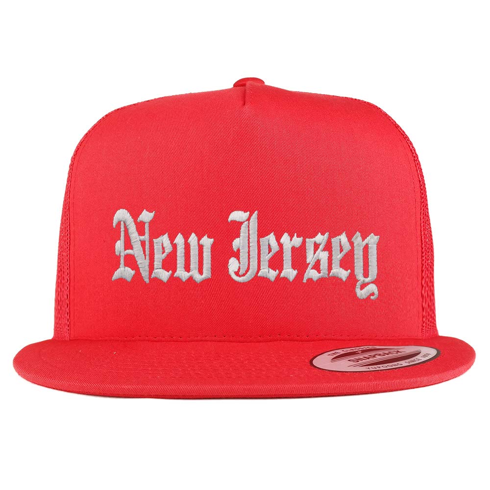 Trendy Apparel Shop New Jersey State Old English 5 Panel Flatbill Trucker Cap