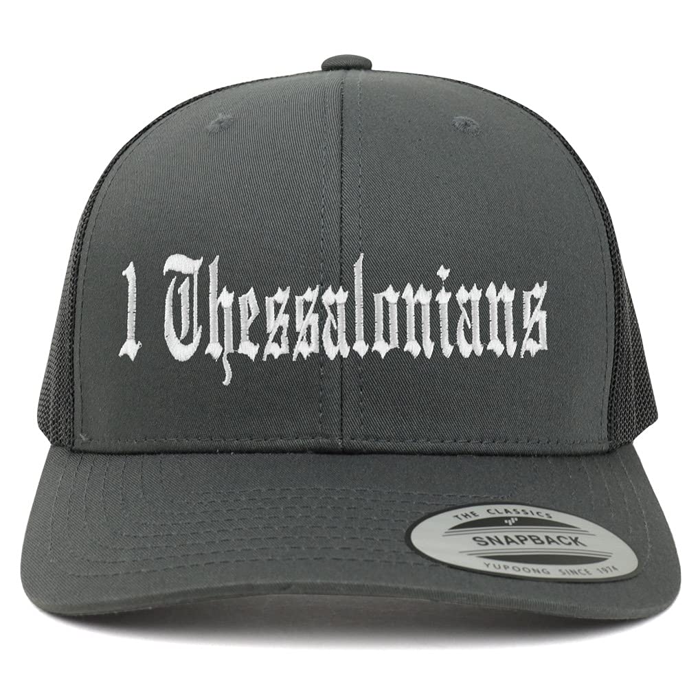 Trendy Apparel Shop 1 Thessalonians Old English 6 Panel Trucker Mesh Cap