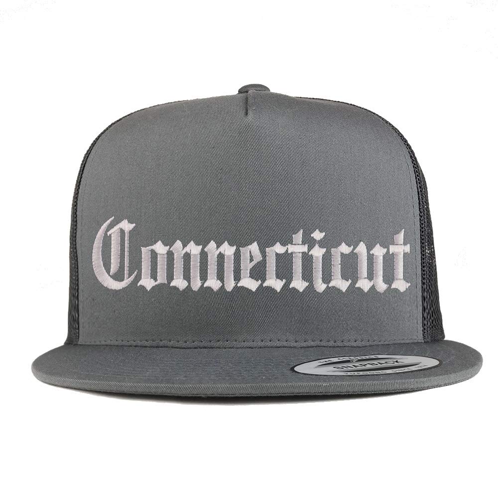 Trendy Apparel Shop Connectiut State Old English 5 Panel Flatbill Trucker Cap