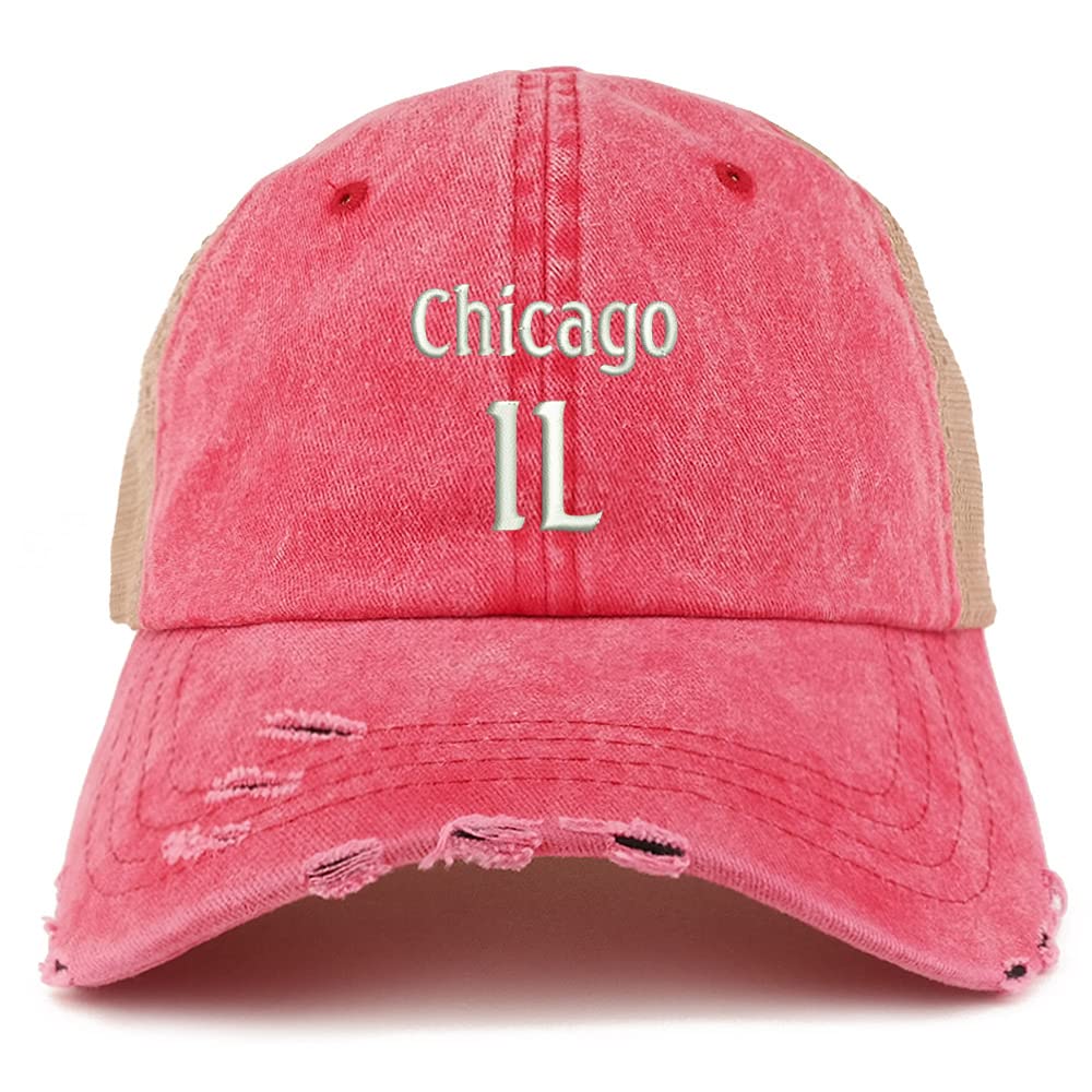 Trendy Apparel Shop Chicago IL Embroidered Frayed Bill Trucker Mesh Back Cap