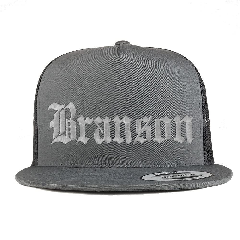 Trendy Apparel Shop Branson Old English 5 Panel Flatbill Trucker Cap