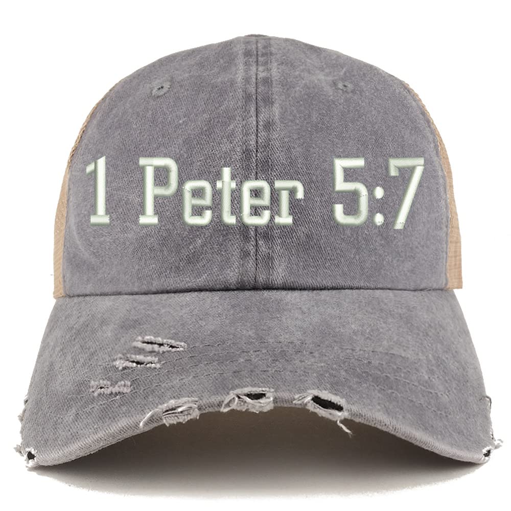 Trendy Apparel Shop 1 Peter 5:7 Frayed Bill Trucker Mesh Back Cap