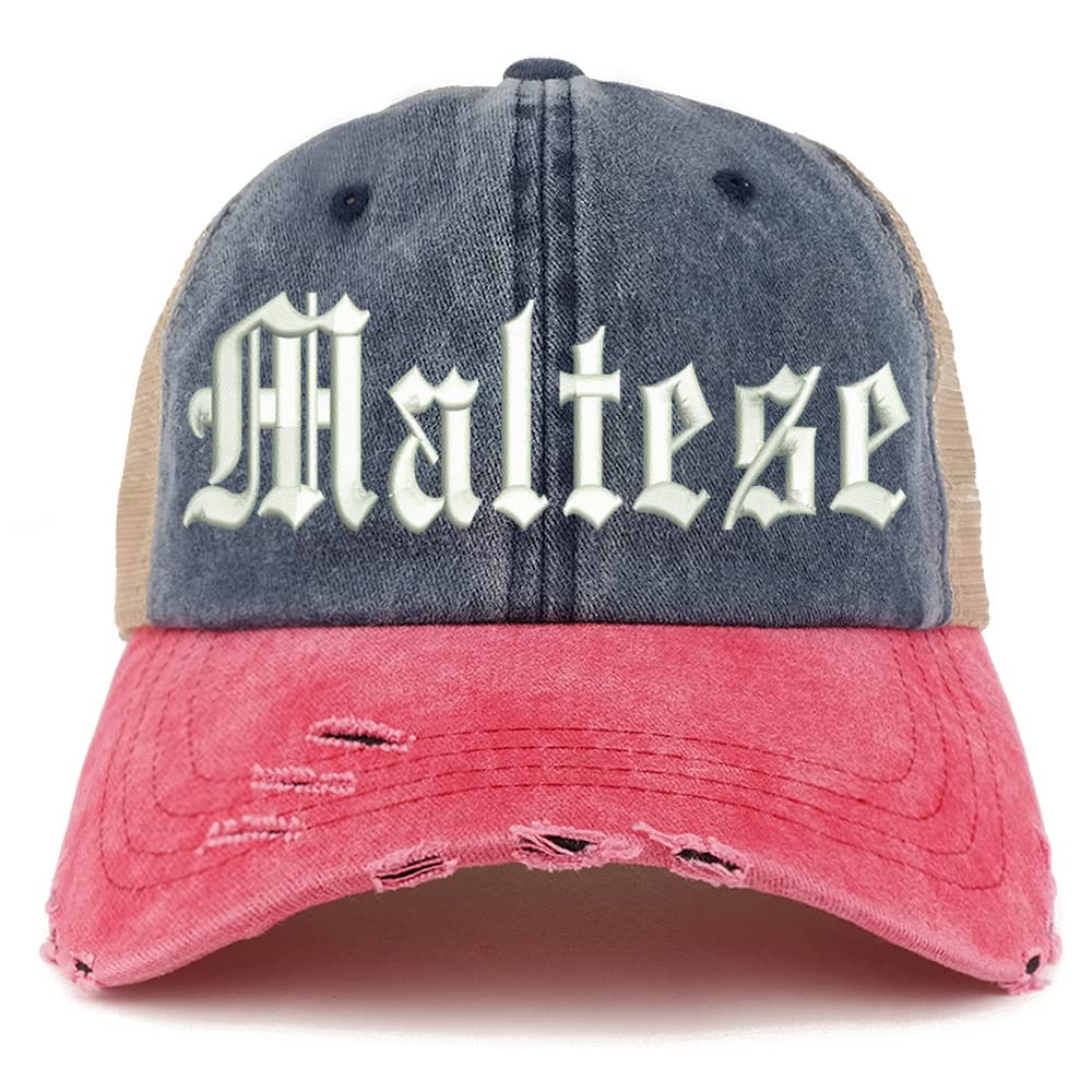 Trendy Apparel Shop Old English Maltese Frayed Bill Trucker Mesh Back Cap
