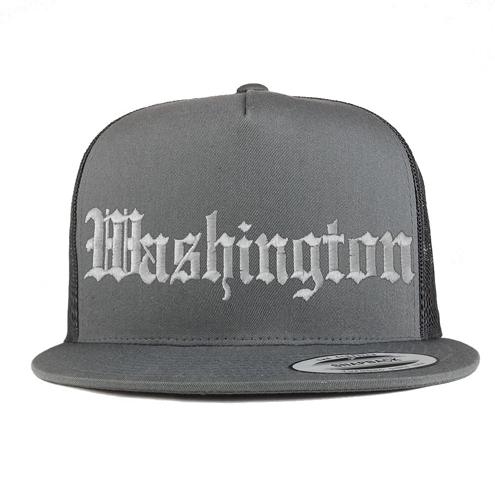 Trendy Apparel Shop Washington Old English 5 Panel Flatbill Trucker Cap