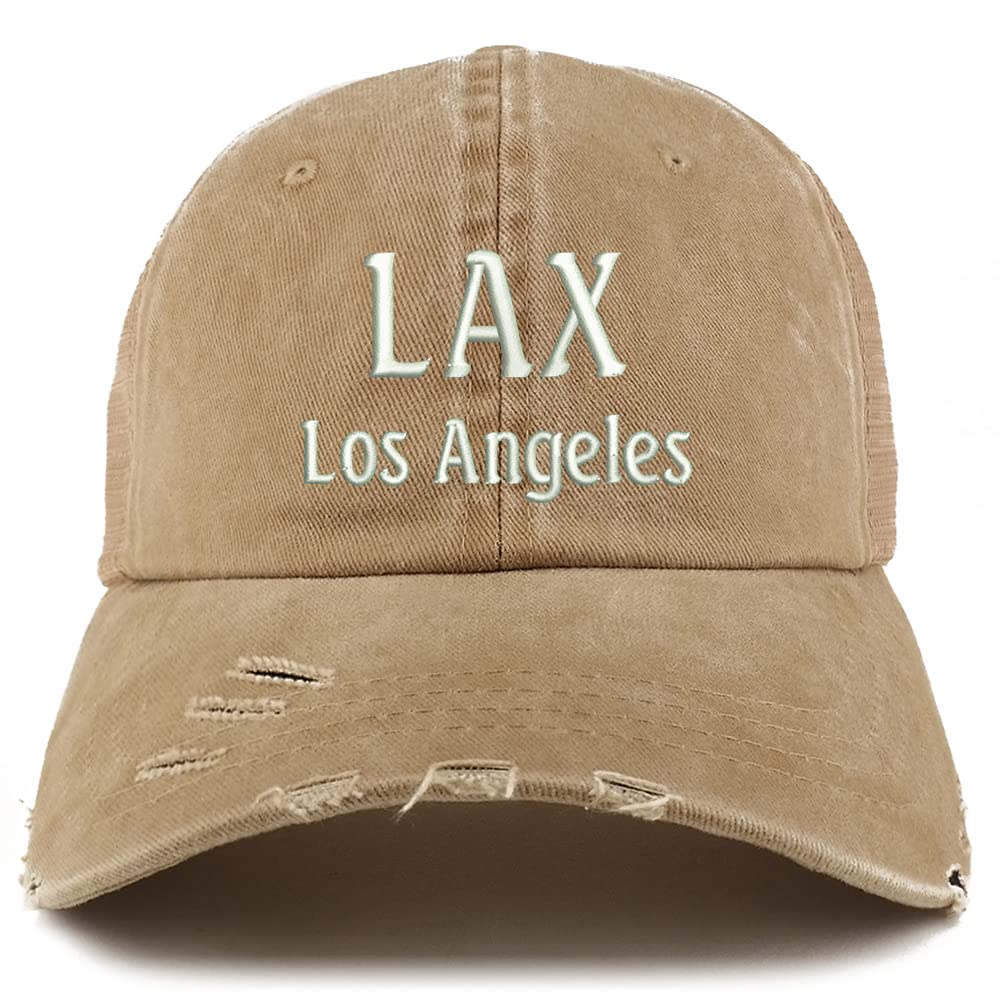 Trendy Apparel Shop LAX Los Angeles Embroidered Frayed Bill Trucker Mesh Back Cap