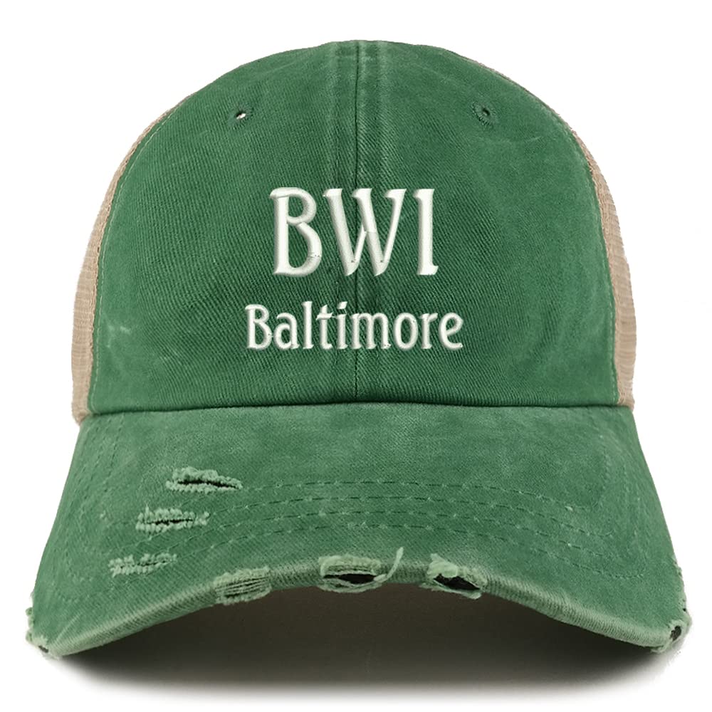Trendy Apparel Shop BWI Baltimore Embroidered Frayed Bill Trucker Mesh Back Cap