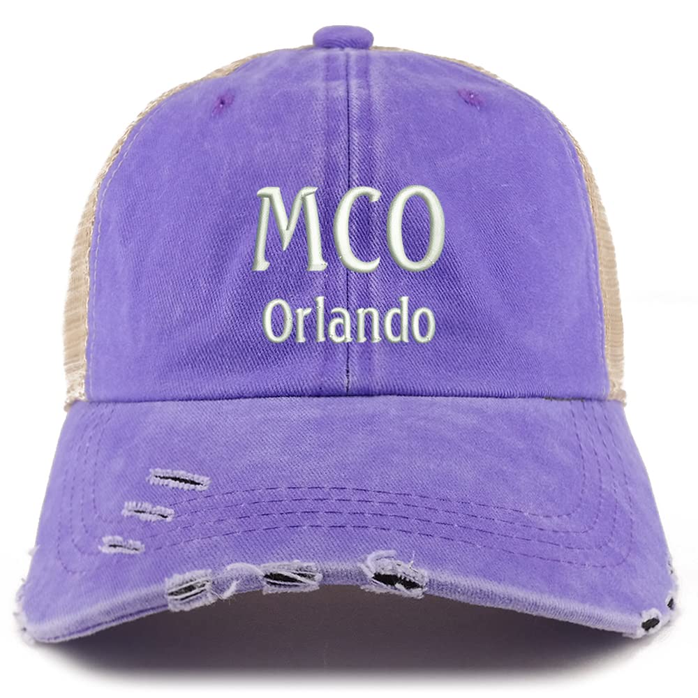 Trendy Apparel Shop MCO Orlando Embroidered Frayed Bill Trucker Mesh Back Cap