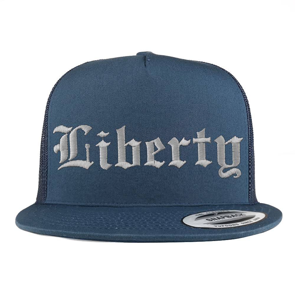 Trendy Apparel Shop Liberty Old English 5 Panel Flatbill Trucker Cap